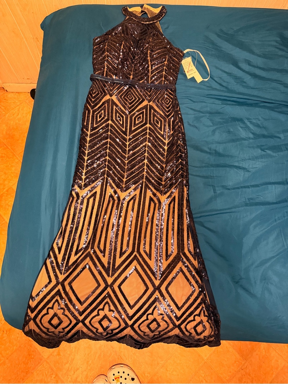 Camille La Vie Black and Nude Geometric Sequin Halter Maxi Dress